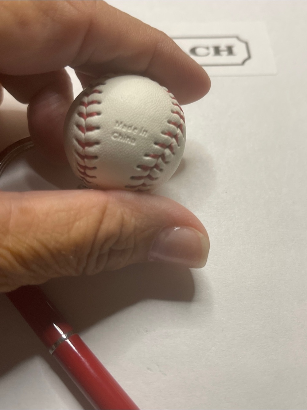 Coach White Leather Baseball Keychain with Red Stitching and Coach Pen - Picture 4 of 7